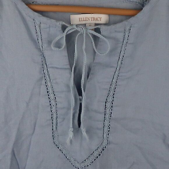 ELLEN TRACY BLUE LINEN SLEEVELESS V NECK WITH TIE CLOSURE TOP SIZE SMALL - Picture 5 of 7
